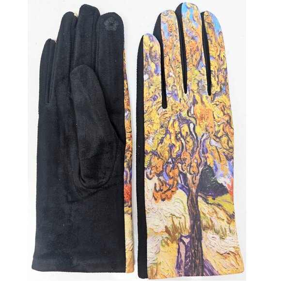 Women's Fleece Gloves, Vincent Van Gogh's "The Mulberry Tree" Print, 9" Long - Picture 1 of 5